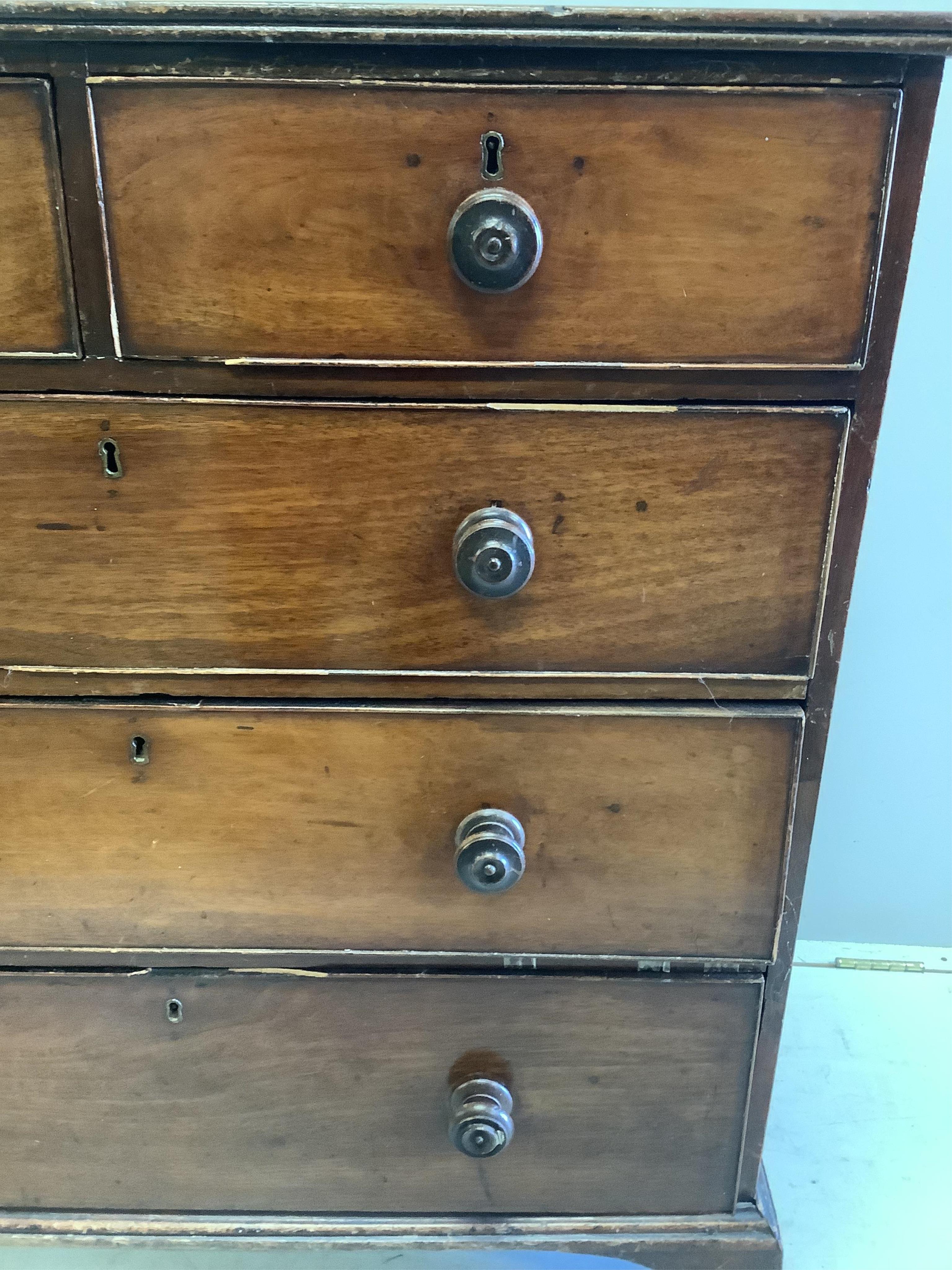 A George III Provincial mahogany chest of drawers, width 93cm, depth 50cm, height 100cm. Condition - poor to fair